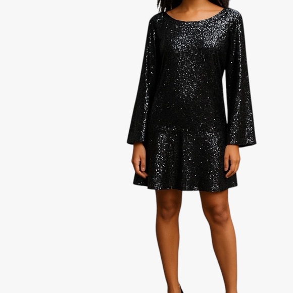 NWT By Together | Black Sequin Mini Dress Bell Sleeves Medium Evening Date Night - Picture 1 of 11